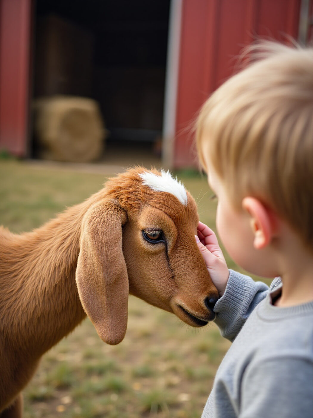 Boy meeting a goat