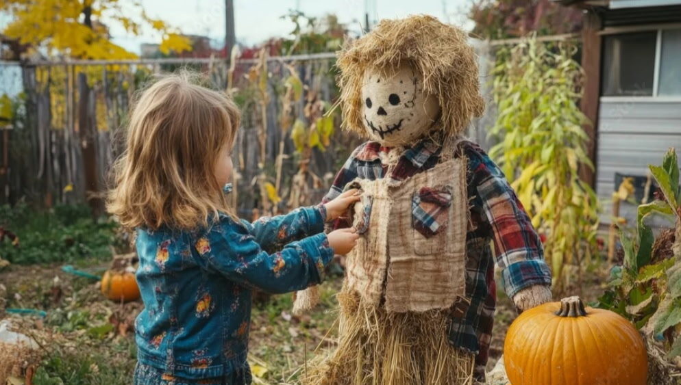 Kids building a scarecrow